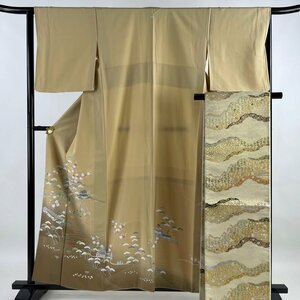 色留袖 身丈158.5cm 裄丈64cm M 袷 松竹梅 家屋 金彩 ぼかし ベージュ 正絹 秀品 一つ紋 【中古】