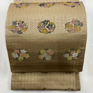 袋帯 美品 秀品 四季花文 銀糸 箔 薄茶色 全通 正絹 【中古】