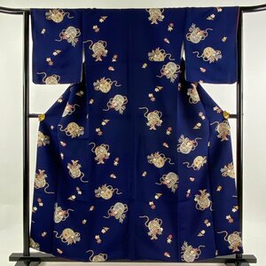 小紋 身丈157.5cm 裄丈64cm M 袷 花籠 梅 縮緬 紺色 正絹 優品 【中古】