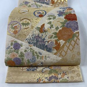 袋帯 美品 秀品 本金箔 裂張花鳥文 草花 鴛鴦 金糸 箔 金色 六通 正絹 【中古】