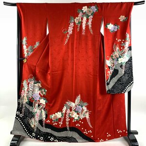  long-sleeved kimono length 167cm sleeve length 69cm L.. place car . flower gold silver . aperture stop red silk preeminence goods [ used ]