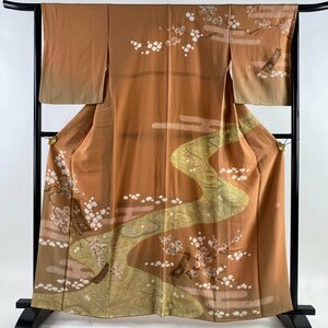 訪問着 身丈161cm 裄丈65.5cm M 袷 滝泰 落款 短冊 枝花 刺繍 絞り オレンジ 正絹 名品 【中古】