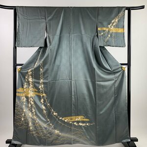 訪問着 身丈163.5cm 裄丈62.5cm S 袷 草花 ヱ霞 金彩 ぼかし 灰緑 正絹 秀品 【中古】