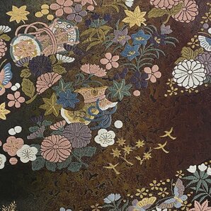 袋帯 美品 秀品 熨斗宝づくし 草花 蝶 金糸 唐織 茶紫 六通 正絹 【中古】の画像2