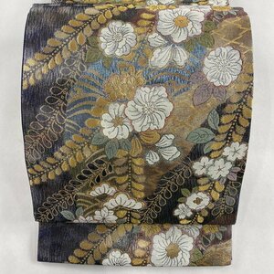 袋帯 美品 名品 草花 松 金糸 箔 黒灰 六通 正絹 【中古】