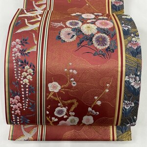 袋帯 美品 秀品 草花 鶴 金糸 箔 ピンク 六通 正絹 【中古】