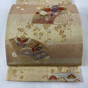 袋帯 美品 秀品 扇 草花 金糸 箔 金色 六通 正絹 【中古】