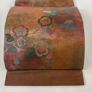 袋帯 秀品 草花 金糸 箔 赤茶 六通 正絹 【中古】