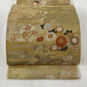 袋帯 秀品 草花 霞 金糸 箔 金色 六通 正絹 【中古】