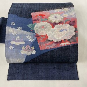 名古屋帯 優品 八寸名古屋帯 草花 紺色 正絹 【中古】