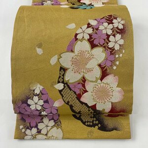 袋帯 美品 秀品 振袖向き 桜 雪輪 金糸 箔 金色 六通 正絹 【中古】