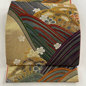 袋帯 美品 秀品 片輪車 桜 刺繍 金糸 深緑 六通 正絹 【中古】