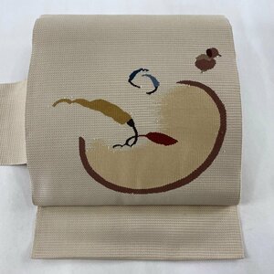 名古屋帯 美品 秀品 八寸名古屋帯 野菜 幾何学 灰茶 正絹 【中古】