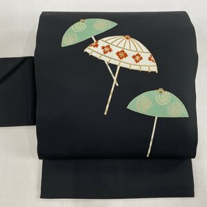 名古屋帯 美品 秀品 傘 花菱 金糸 金彩 黒 正絹 【中古】