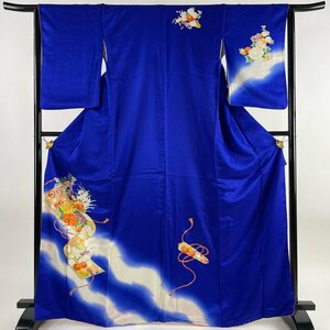 付下げ 身丈168cm 裄丈65cm M 袷 巻物 草花 金糸 金彩 青 正絹 優品 【中古】