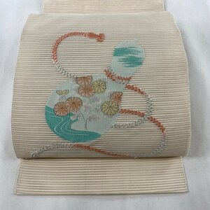 名古屋帯 美品 優品 八寸名古屋帯 夏帯 松葉仕立て 瓢箪 菊 金銀糸 クリーム 正絹 【中古】