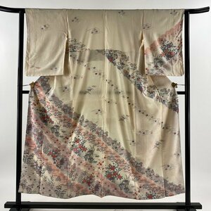 訪問着 身丈153.5cm 裄丈61.5cm S 袷 草花 雪輪 銀彩 薄ピンク 正絹 美品 秀品 【中古】