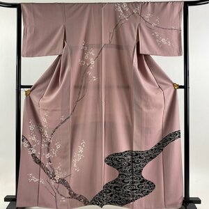 訪問着 身丈164.5cm 裄丈64.5cm M 袷 枝梅 金彩 ピンク 正絹 秀品 【中古】