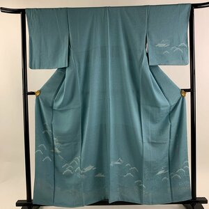 付下げ 身丈160cm 裄丈65cm M 袷 落款 風景 城 銀通し 青緑 正絹 美品 秀品 【中古】