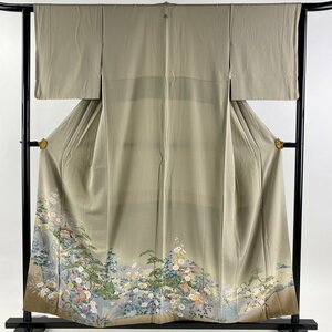 色留袖 身丈155.5cm 裄丈64cm M 袷 落款 建物 草花 ぼかし 灰茶 正絹 美品 秀品 一つ紋 【中古】