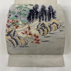 名古屋帯 優品 八寸名古屋帯 樹木 人物 銀糸 刺繍 銀色 正絹 【中古】