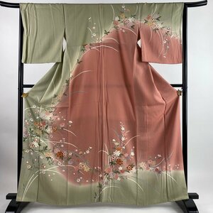 訪問着 身丈164.5cm 裄丈65cm M 袷 枝花 草花 染め分け ぼかし 灰緑 正絹 秀品 一つ紋 【中古】