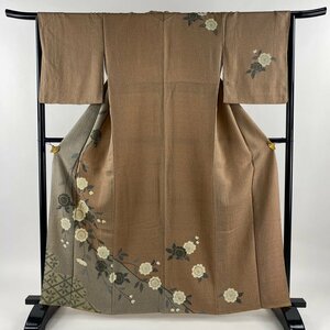 訪問着 身丈161cm 裄丈65.5cm M 袷 枝垂桜 菱 金彩 染め分け 薄小豆 正絹 秀品 【中古】