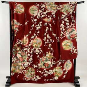 振袖 身丈168.5cm 裄丈69.5cm L 袷 枝垂桜 牡丹 ぼかし 赤 正絹 名品 【中古】