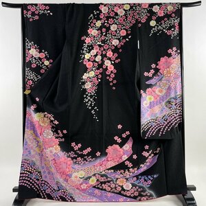 振袖 身丈168.5cm 裄丈65cm M 袷 花 有職文様 銀通し 箔 黒 正絹 美品 逸品 【中古】