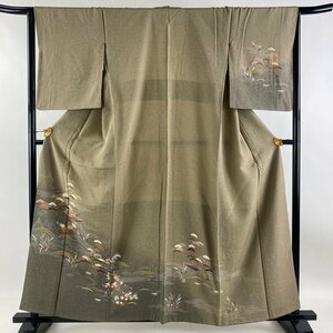 訪問着 身丈160cm 裄丈64cm M 袷 舟 松 金彩 ぼかし 灰茶 正絹 秀品 【中古】