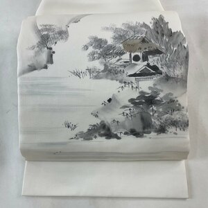 名古屋帯 美品 秀品 落款 風景 家屋 灰白 正絹 【中古】