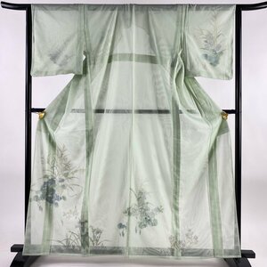 付下げ 身丈162cm 裄丈63.5cm S 紗袷 草花 芒 金彩 薄緑 正絹 美品 名品 【中古】