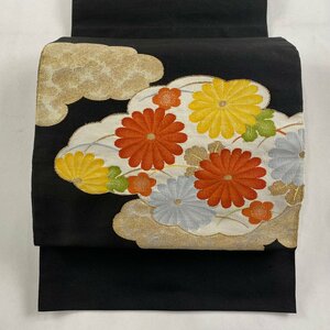 名古屋帯 優品 八寸名古屋帯 松葉仕立て 菊 雲文 金糸 箔 黒 正絹 【中古】