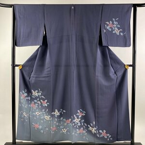 訪問着 身丈155.5cm 裄丈63.5cm S 単衣 草花 ぼかし 青灰色 正絹 秀品 一つ紋 【中古】