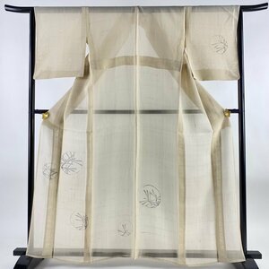 付下げ 身丈162cm 裄丈65cm M 薄物 夏紬地 丸文 若松 ベージュ 正絹 名品 【中古】