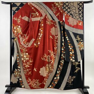 振袖 身丈162cm 裄丈65cm M 袷 やまと 草花 熨斗 金彩 染め分け 茜色 正絹 美品 秀品 【中古】