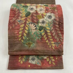 袋帯 秀品 草花 金糸 茜色 お太鼓柄 正絹 【中古】