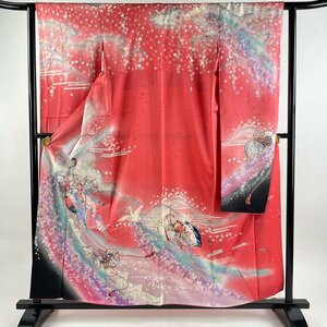 振袖 身丈158cm 裄丈62cm S 袷 鼓 花鳥 金銀彩 ぼかし 濃ピンク 正絹 秀品 【中古】