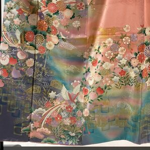 振袖 身丈154cm 裄丈61.5cm S 袷 鳥 菊 金銀彩 ぼかし ピンク 正絹 秀品 【中古】の画像2