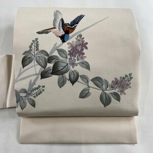 名古屋帯 美品 秀品 鳥 草花 薄小豆 正絹 【中古】