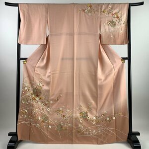 訪問着 身丈168.5cm 裄丈66cm M 袷 鏡裏文 草花 金糸 刺繍 ピンク 正絹 秀品 【中古】