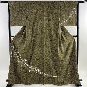 訪問着 身丈164.5cm 裄丈64.5cm M 袷 森口華弘 落款 菊 茶緑色 正絹 逸品 一つ紋 【中古】