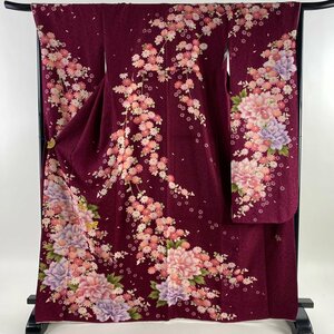 振袖 身丈169cm 裄丈68.5cm L 袷 落款 菊 牡丹 銀通し 金糸 赤紫 正絹 美品 逸品 【中古】