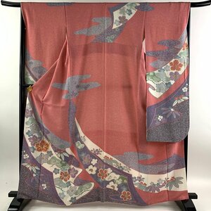 振袖 身丈165cm 裄丈66cm M 袷 椿 松竹梅 金糸 金彩 ピンク 正絹 秀品 【中古】