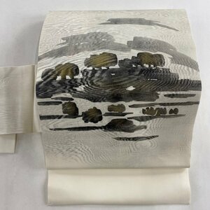 名古屋帯 秀品 風景 樹木 金彩 クリーム 正絹 【中古】