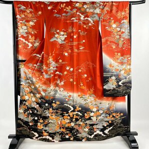 振袖 身丈163cm 裄丈64cm M 袷 草花 鴛鴦 金彩 ぼかし 朱色 正絹 名品 【中古】の画像1