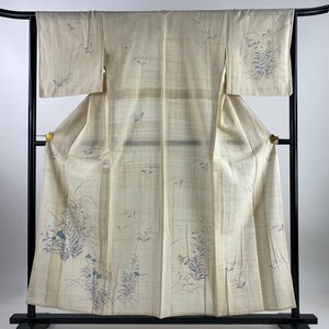 付下げ 身丈157.5cm 裄丈64.5cm M 単衣 紬地 草花 ベージュ 正絹 秀品 【中古】