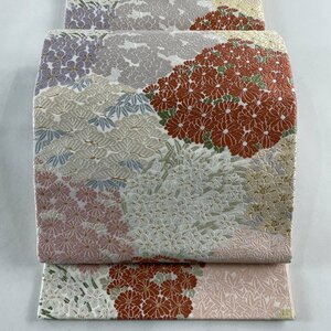 袋帯 美品 秀品 松竹梅 菊 金糸 刺繍 白 六通 正絹 【中古】