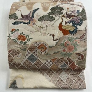 袋帯 美品 秀品 鶴 松 金糸 唐織 薄ピンク 六通 正絹 【中古】