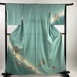 付下げ 身丈159cm 裄丈66.5cm M 袷 花筏 流水 金彩 ぼかし 薄緑 正絹 秀品 【中古】